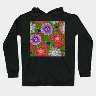 Pretty Poisons: Passionflowers and Poison Dart Frogs on Viva Magenta Hoodie